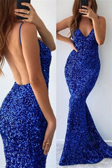 Mermaid V-neck Spaghetti Strap Sequined Floor-length Sleeveless Prom Dress-Ballbella