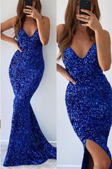 Mermaid V-neck Spaghetti Strap Sequined Floor-length Sleeveless Prom Dress-Ballbella