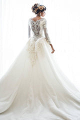 Mermaid Wedding Dresses with Trendy Overskirt Beads Lace Appliques Long Sleeves Bridal Gowns-Ballbella