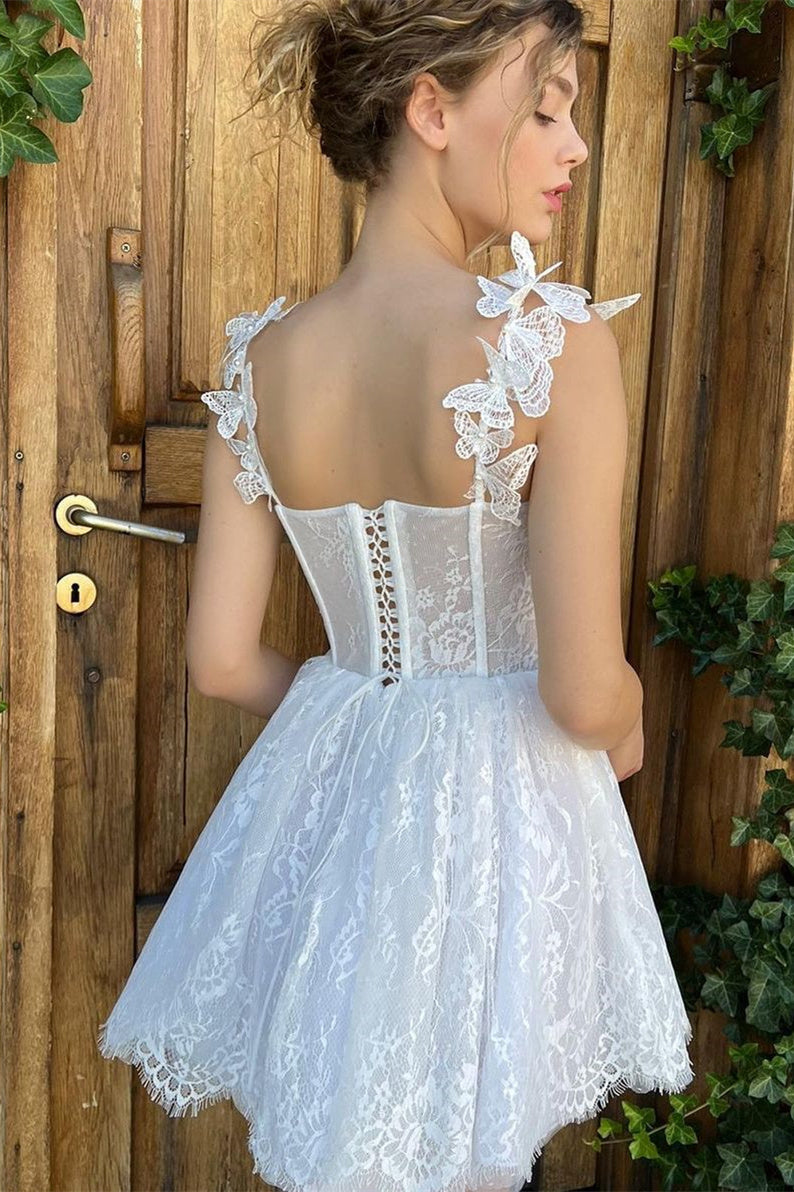 Mini A-Line Spaghetti Strap Sweetheart Sleeveless Lace Puffy Flowers Wedding Dress Mini A-Line Spaghetti Strap Sweetheart Sleeveless Lace Puffy Flowers Wedding Dress