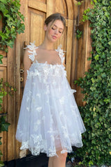 Mini Empire Spaghetti strap Sweetheart Sleeveless Lace Puffy Flowers Wedding Dress-Ballbella