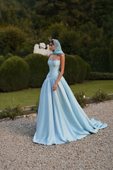 Minimalist Sky Blue Strapless Sleeveless Satin Prom Dresses A-Line Long With Pleats-Ballbella