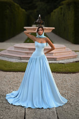 Minimalist Sky Blue Strapless Sleeveless Satin Prom Dresses A-Line Long With Pleats-Ballbella