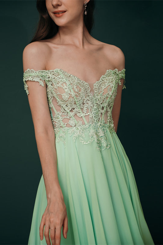 Mint Green Chiffon See-Through Off-The-Shoulder Lace Evening Dress, Green / US2 Mint Green Chiffon See-Through Off-The-Shoulder Lace Evening Dress, Green / US2