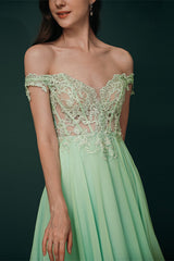 Mint Green Chiffon See-through Off-the-shoulder Lace Evening Dress-Ballbella