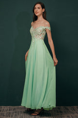 Mint Green Chiffon See-through Off-the-shoulder Lace Evening Dress-Ballbella