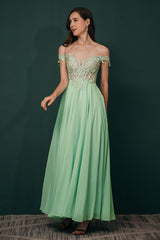 Mint Green Chiffon See-through Off-the-shoulder Lace Evening Dress-Ballbella