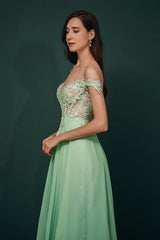 Mint Green Chiffon See-through Off-the-shoulder Lace Evening Dress-Ballbella