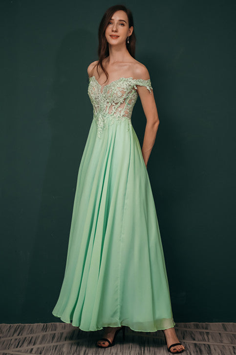 Mint Green Chiffon See-Through Off-The-Shoulder Lace Evening Dress, Green / US2 Mint Green Chiffon See-Through Off-The-Shoulder Lace Evening Dress, Green / US2