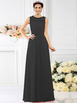 Modern Bateau Beading Sleeveless Long Chiffon Bridesmaid Dresses-Ballbella