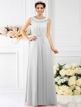 Modern Bateau Beading Sleeveless Long Chiffon Bridesmaid Dresses-Ballbella