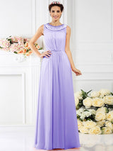 Modern Bateau Beading Sleeveless Long Chiffon Bridesmaid Dresses-Ballbella