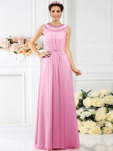 Modern Bateau Beading Sleeveless Long Chiffon Bridesmaid Dresses-Ballbella