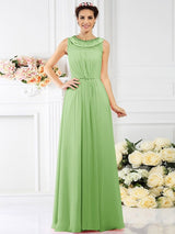 Modern Bateau Beading Sleeveless Long Chiffon Bridesmaid Dresses-Ballbella