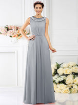 Modern Bateau Beading Sleeveless Long Chiffon Bridesmaid Dresses-Ballbella