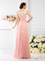 Modern Bateau Beading Sleeveless Long Chiffon Bridesmaid Dresses-Ballbella