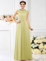 Modern Bateau Beading Sleeveless Long Chiffon Bridesmaid Dresses-Ballbella