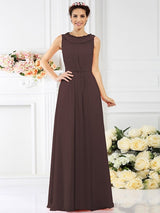 Modern Bateau Beading Sleeveless Long Chiffon Bridesmaid Dresses-Ballbella