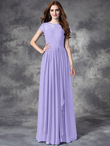 Modern Bateau Lace Sleeveless Long Chiffon Bridesmaid Dresses-Ballbella
