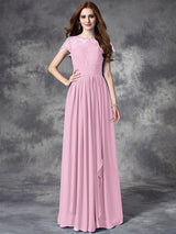 Modern Bateau Lace Sleeveless Long Chiffon Bridesmaid Dresses-Ballbella