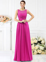 Modern Bateau Pleats Sleeveless Long Chiffon Bridesmaid Dresses-Ballbella