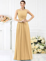 Modern Bateau Pleats Sleeveless Long Chiffon Bridesmaid Dresses-Ballbella