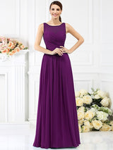 Modern Bateau Pleats Sleeveless Long Chiffon Bridesmaid Dresses-Ballbella