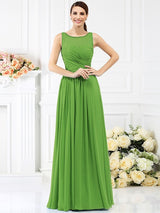 Modern Bateau Pleats Sleeveless Long Chiffon Bridesmaid Dresses-Ballbella
