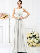 Modern Bateau Pleats Sleeveless Long Chiffon Bridesmaid Dresses-Ballbella