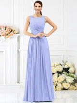 Modern Bateau Pleats Sleeveless Long Chiffon Bridesmaid Dresses-Ballbella