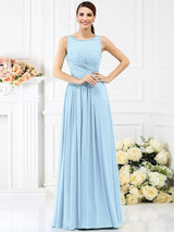 Modern Bateau Pleats Sleeveless Long Chiffon Bridesmaid Dresses-Ballbella