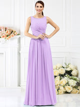 Modern Bateau Pleats Sleeveless Long Chiffon Bridesmaid Dresses-Ballbella