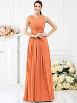 Modern Bateau Pleats Sleeveless Long Chiffon Bridesmaid Dresses-Ballbella