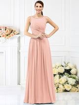 Modern Bateau Pleats Sleeveless Long Chiffon Bridesmaid Dresses-Ballbella