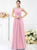 Modern Bateau Pleats Sleeveless Long Chiffon Bridesmaid Dresses-Ballbella
