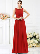 Modern Bateau Pleats Sleeveless Long Chiffon Bridesmaid Dresses-Ballbella