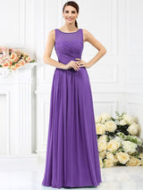 Modern Bateau Pleats Sleeveless Long Chiffon Bridesmaid Dresses-Ballbella