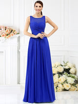 Modern Bateau Pleats Sleeveless Long Chiffon Bridesmaid Dresses-Ballbella