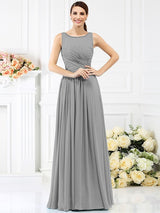 Modern Bateau Pleats Sleeveless Long Chiffon Bridesmaid Dresses-Ballbella