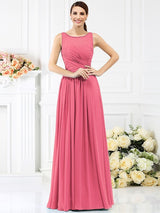 Modern Bateau Pleats Sleeveless Long Chiffon Bridesmaid Dresses-Ballbella