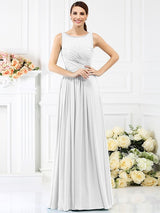 Modern Bateau Pleats Sleeveless Long Chiffon Bridesmaid Dresses-Ballbella