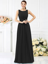 Modern Bateau Pleats Sleeveless Long Chiffon Bridesmaid Dresses-Ballbella