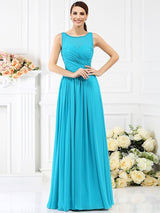 Modern Bateau Pleats Sleeveless Long Chiffon Bridesmaid Dresses-Ballbella