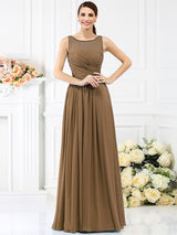 Modern Bateau Pleats Sleeveless Long Chiffon Bridesmaid Dresses-Ballbella