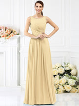 Modern Bateau Pleats Sleeveless Long Chiffon Bridesmaid Dresses-Ballbella