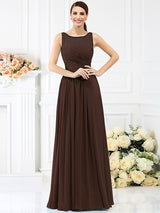Modern Bateau Pleats Sleeveless Long Chiffon Bridesmaid Dresses-Ballbella