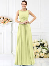 Modern Bateau Pleats Sleeveless Long Chiffon Bridesmaid Dresses-Ballbella