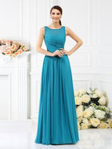 Modern Bateau Pleats Sleeveless Long Chiffon Bridesmaid Dresses-Ballbella