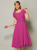 Modern Bateau Short Sleeves Ruffles Short Chiffon Bridesmaid Dresses-Ballbella