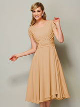 Modern Bateau Short Sleeves Ruffles Short Chiffon Bridesmaid Dresses-Ballbella